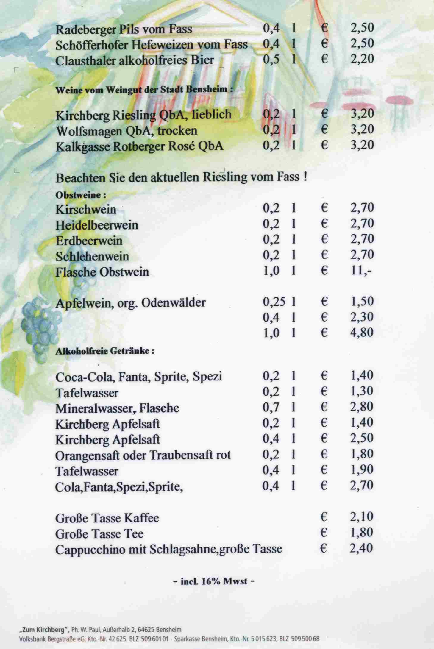 Getr�nkekarte des Kirchbergh�uschens
